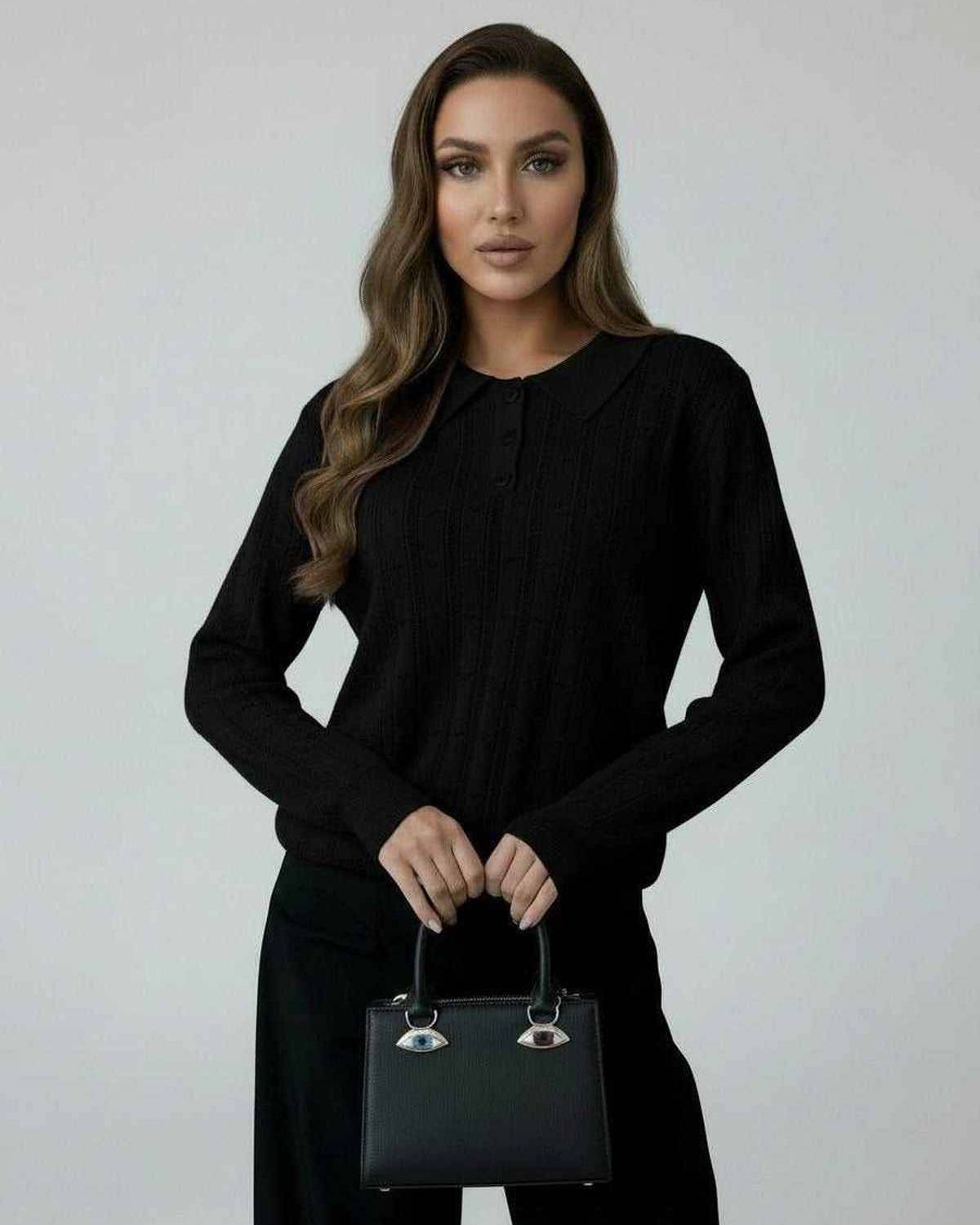 Vega Sweater by Lauven - Women’s black knit sweater with elegant collar and long sleeves.