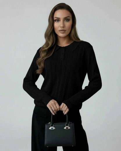 Vega Sweater by Lauven - Women’s black knit sweater with elegant collar and long sleeves.