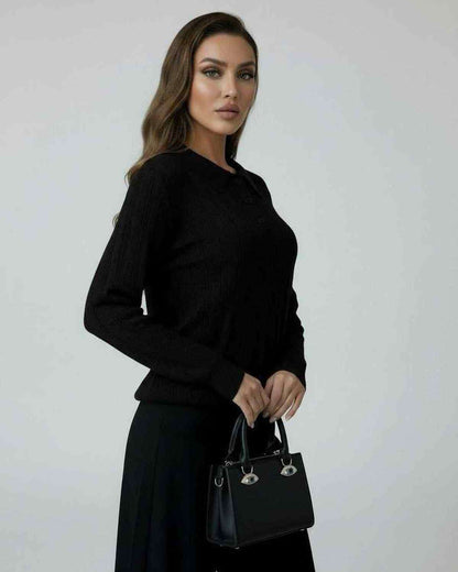Vega Sweater by Lauven - Women’s black knit sweater with elegant collared long sleeves, perfect for fall and winter.