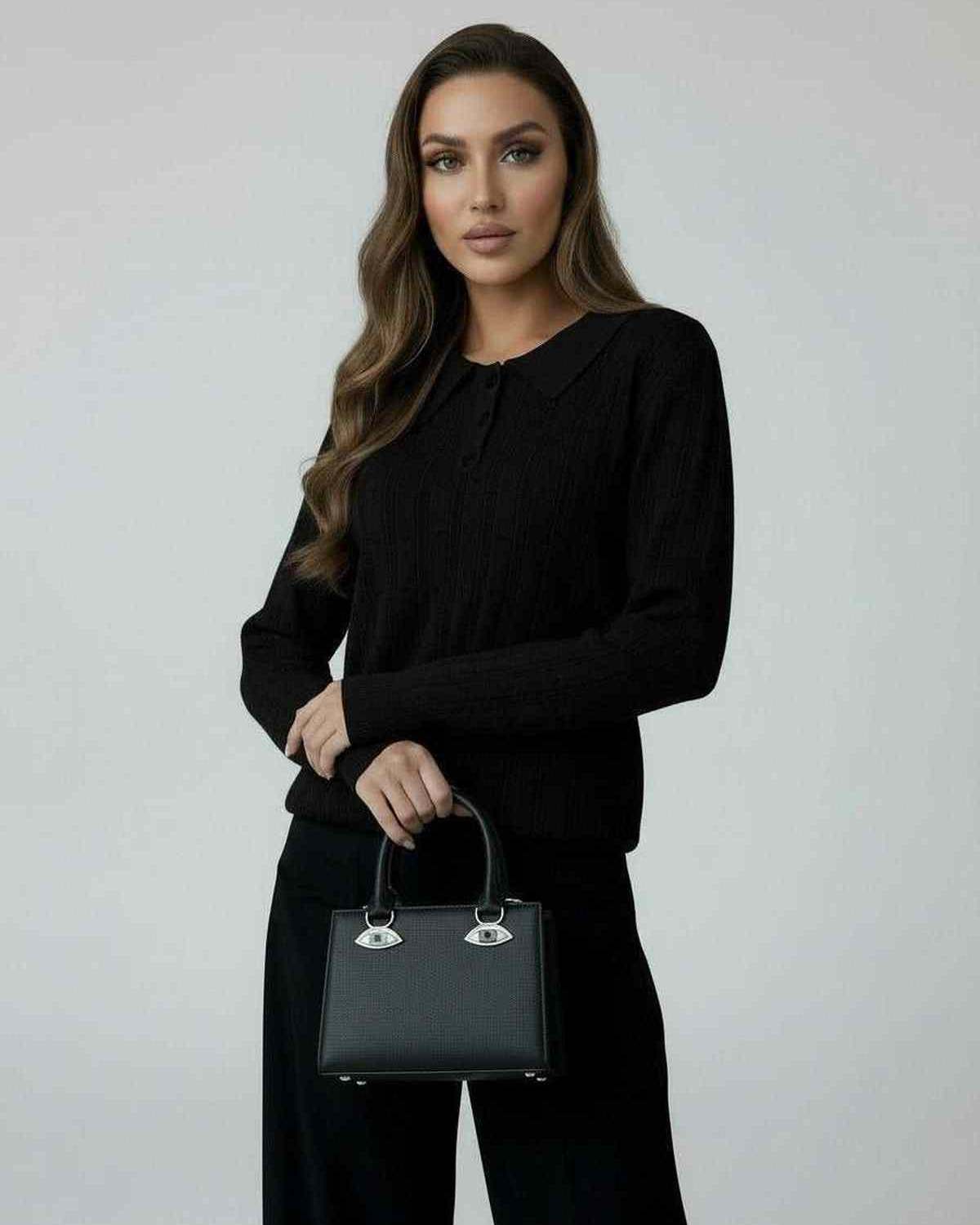 Vega Sweater by Lauven - Women's black knit sweater with elegant collared long sleeves.