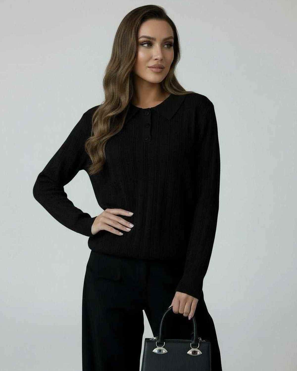 Vega Sweater by Lauven - Women's black knit long sleeve sweater with elegant collared design.
