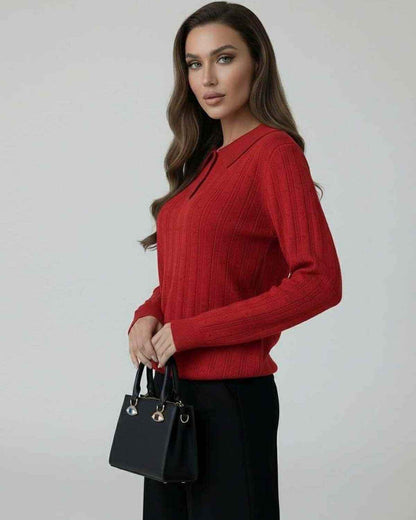 Scarlet Sweater by Lauven – Elegant red knit sweater with collared long sleeves.