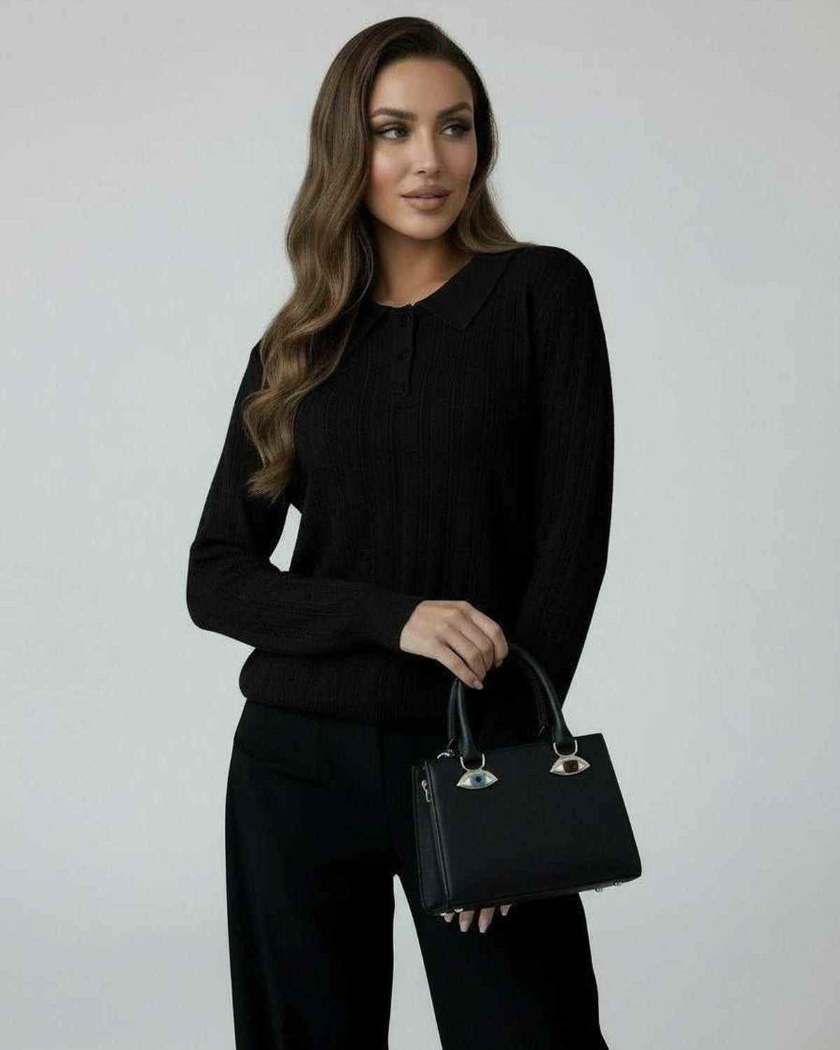 Vega Sweater by Lauven – Women’s black knit sweater with elegant collared long sleeves, perfect for fall and winter.