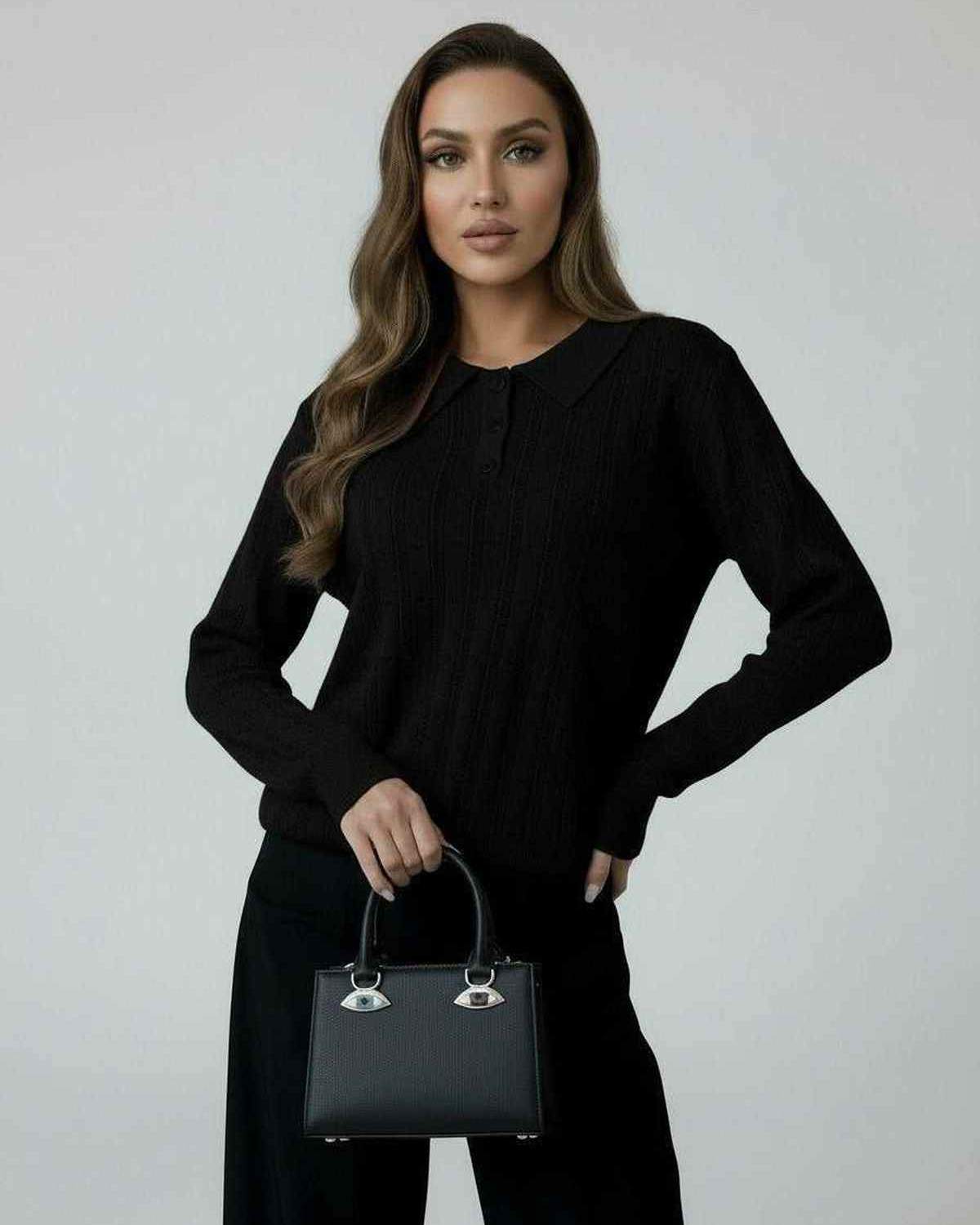 Vega Sweater by Lauven - Women’s elegant black knit sweater with collared long sleeves, perfect for fall.