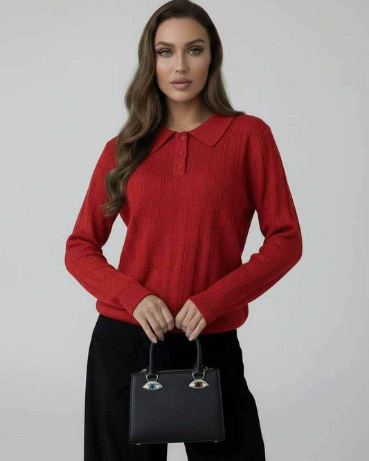 Scarlet Sweater by Lauven - Women’s red knit sweater with elegant collared long sleeves.