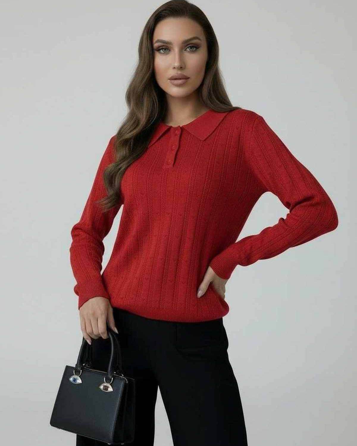 Scarlet Sweater by Lauven - Women’s red knit sweater with elegant collared long sleeve design.