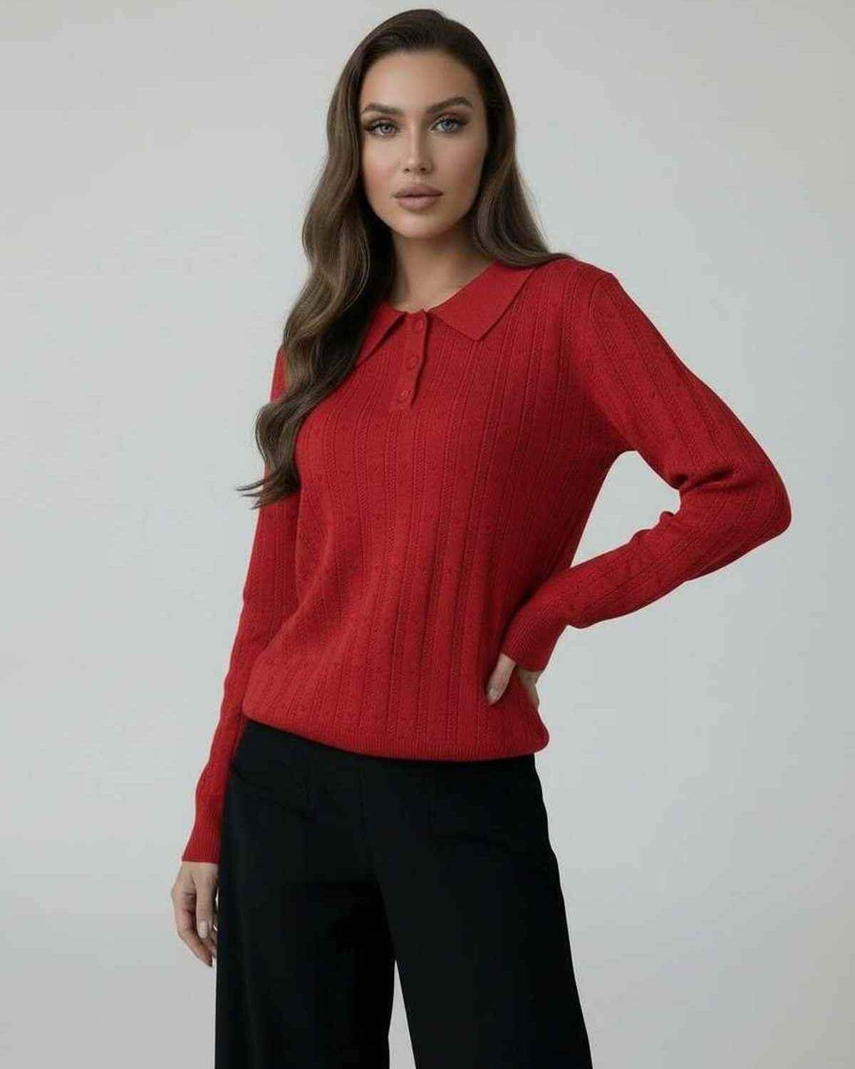Scarlet Sweater by Lauven - Women’s red knit sweater with elegant collared long sleeves.