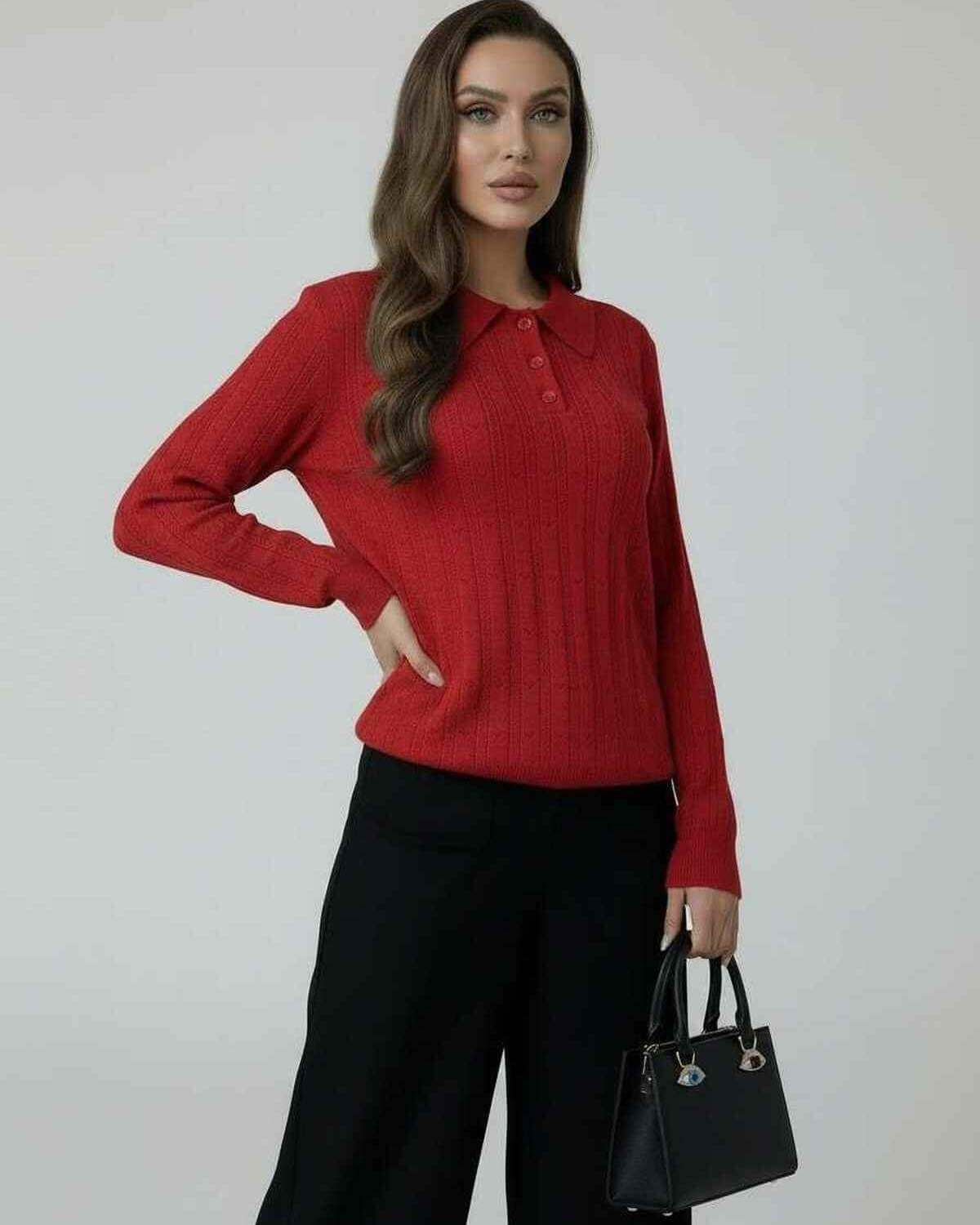 Scarlet Sweater by Lauven - Women’s Red Knit Sweater with Elegant Collared Long Sleeve Design