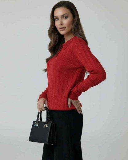 Scarlet Sweater by Lauven - Women's red knit sweater with elegant collared long sleeves and stylish black handbag.