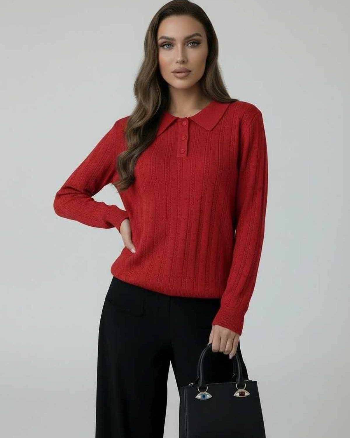 Scarlet Sweater by Lauven - Women’s Red Knit Sweater with Collared Long Sleeves and Elegant Design