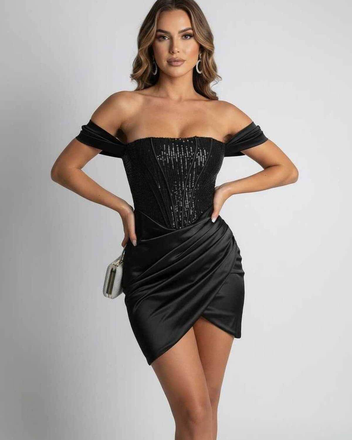 Valencia Mini Dress by Lauven – Black sequin corset satin mini dress with off shoulder design.