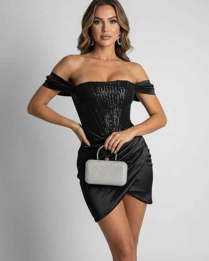 Valencia Mini Dress by Lauven - Black Sequin Corset Satin Mini Dress with Off Shoulder Design.
