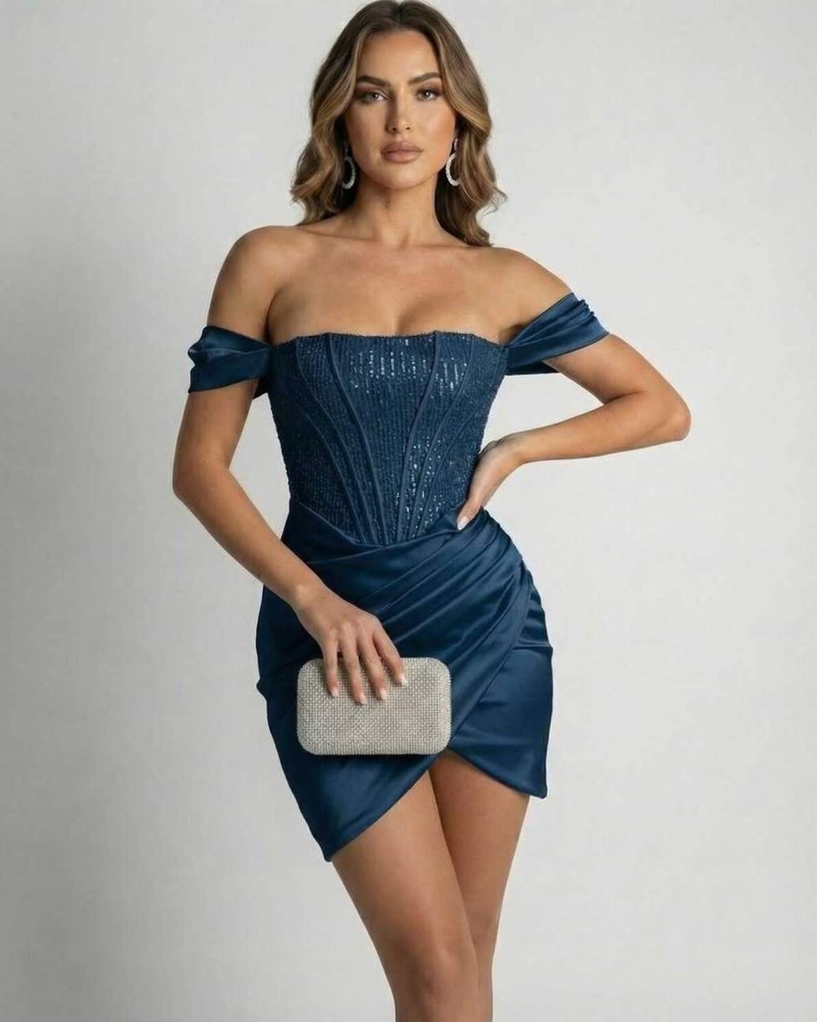 Adriana Mini Dress by Lauven, navy sequin corset satin wrap mini dress with off shoulder design.