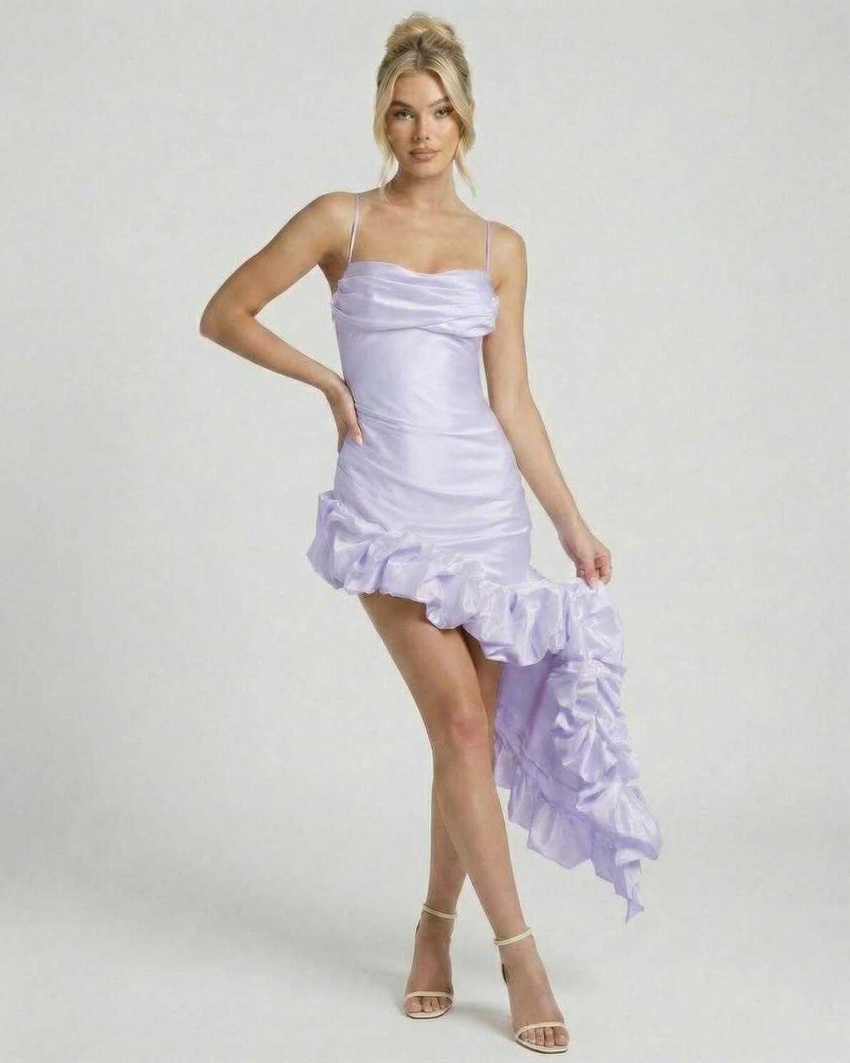 Lunara Midi Dress by Lauven – Lavender satin A-Line dress with asymmetric ruffle hem and spaghetti straps.