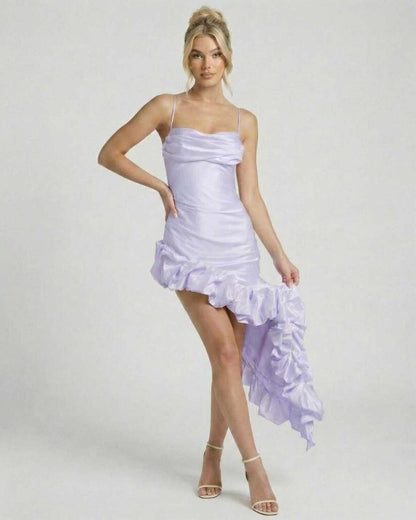 Lunara Midi Dress by Lauven – Lavender satin A-Line dress with asymmetric ruffle hem and spaghetti straps.