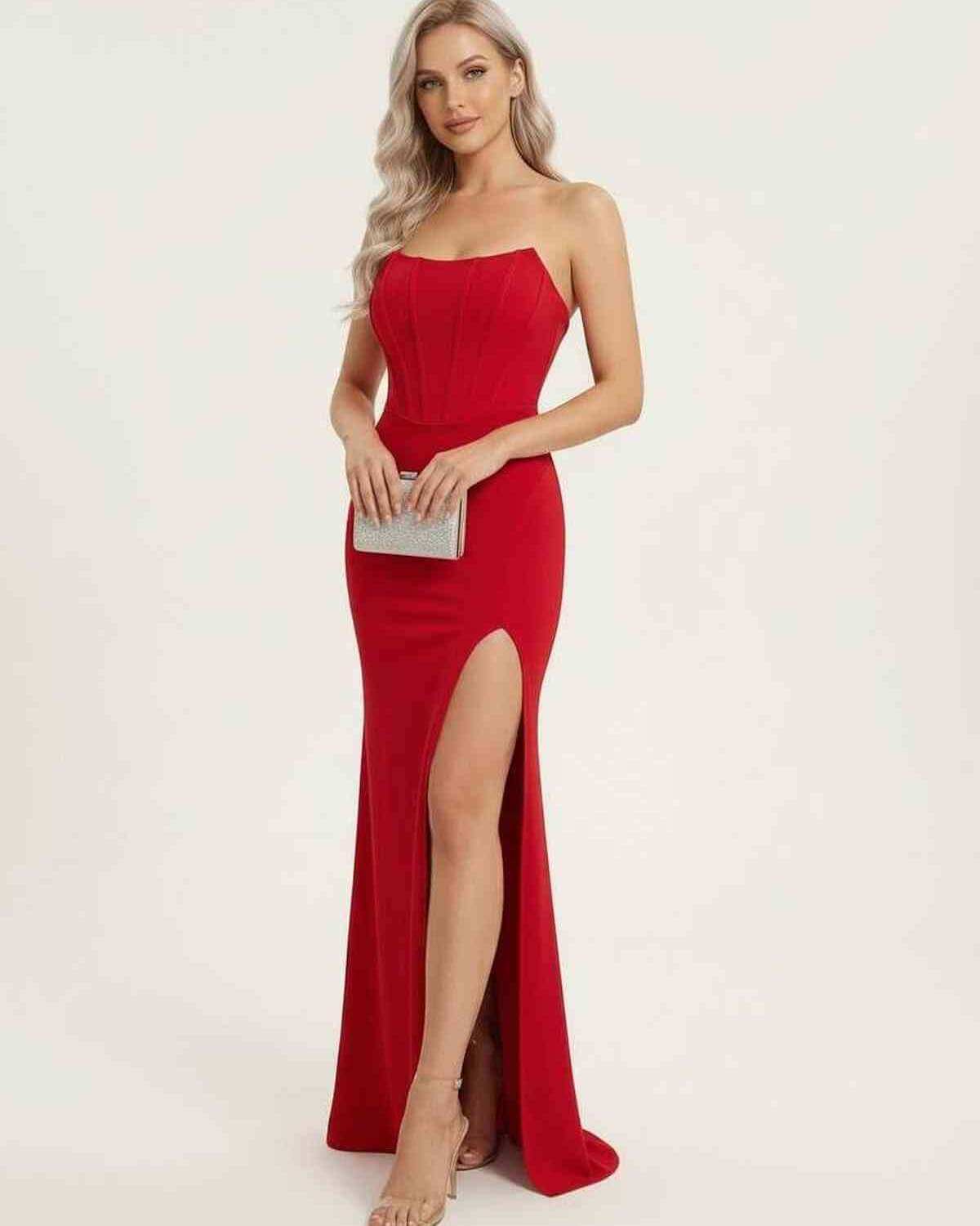Valencia Maxi Dress by Lauven - Red strapless corset dress with high slit for elegant evening styling.