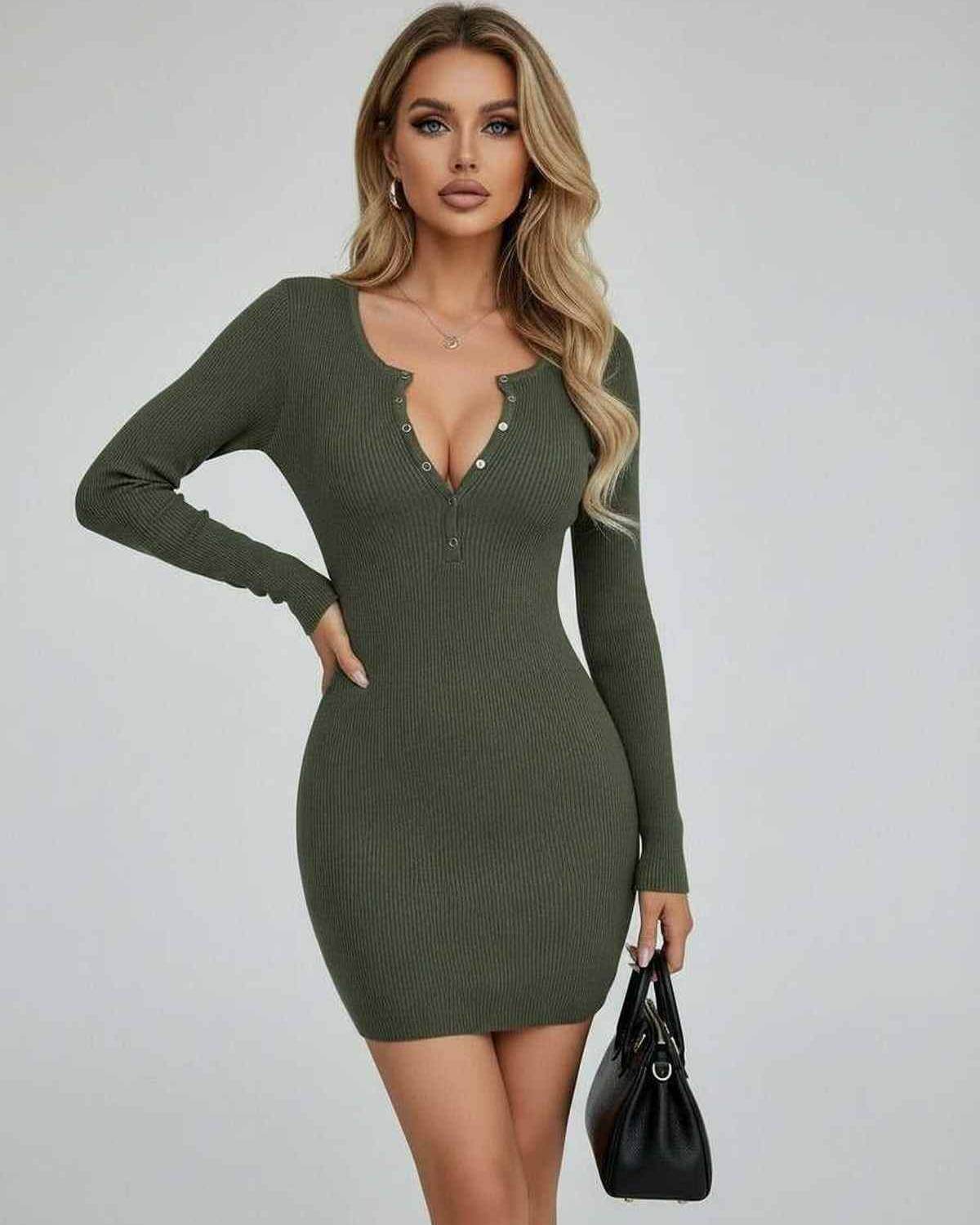 Olive Mini Dress by Lauven – Sleek bodycon pencil dress with half-open collar in olive green.