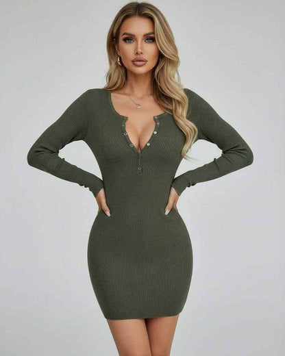 Olive Mini Dress by Lauven - Sleek bodycon pencil dress with half-open collar and long sleeves in olive green.