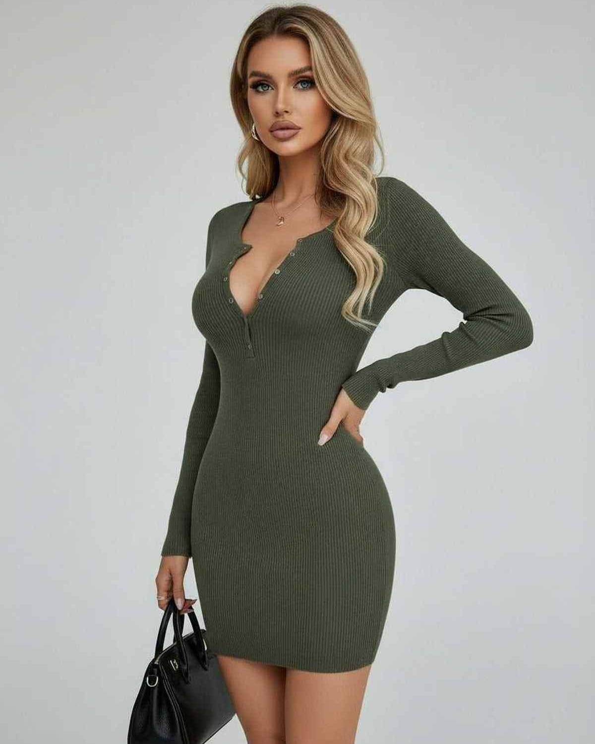 Lauven Olive Mini Dress - Sleek bodycon pencil dress with half-open collar in olive green.