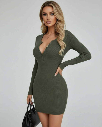 Lauven Olive Mini Dress - Sleek bodycon pencil dress with half-open collar in olive green.
