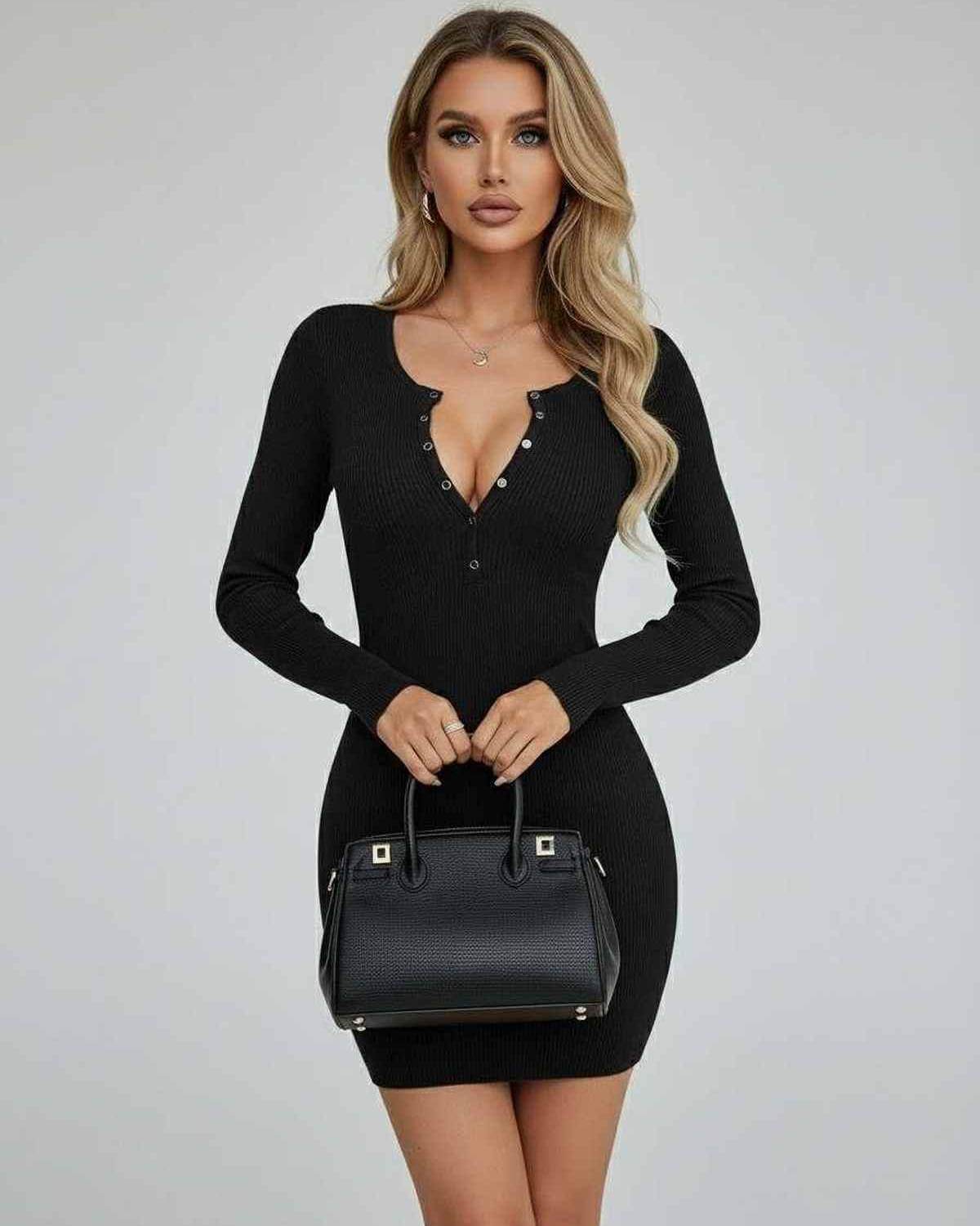 Monaco Mini Dress by Lauven - Black Ribbed Long Sleeve Bodycon Mini Dress with Button Front