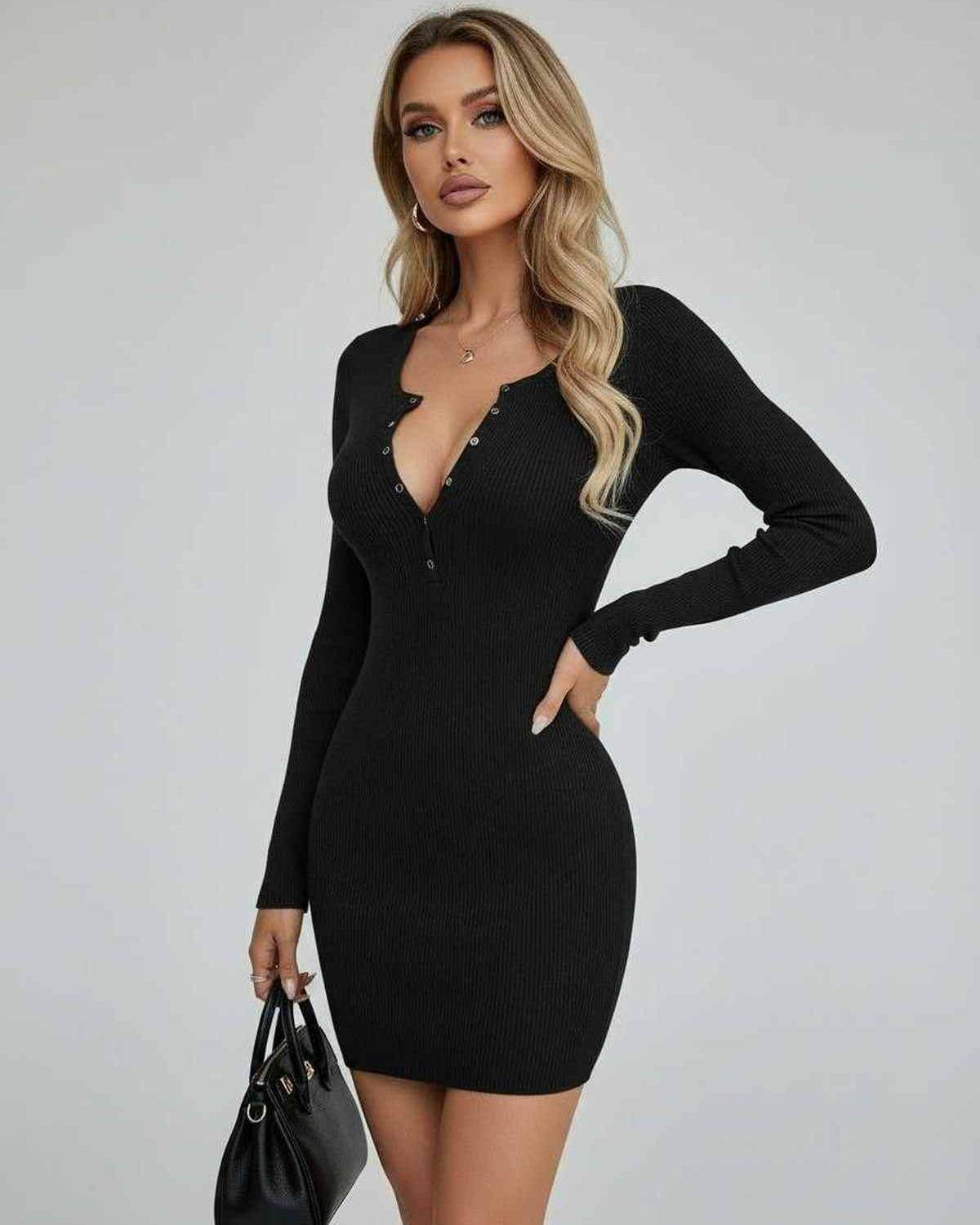 Monaco Mini Dress by Lauven – Black ribbed long sleeve bodycon mini dress with button front detail.