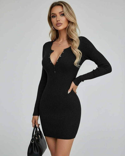 Monaco Mini Dress by Lauven – Black ribbed long sleeve bodycon mini dress with button front detail.