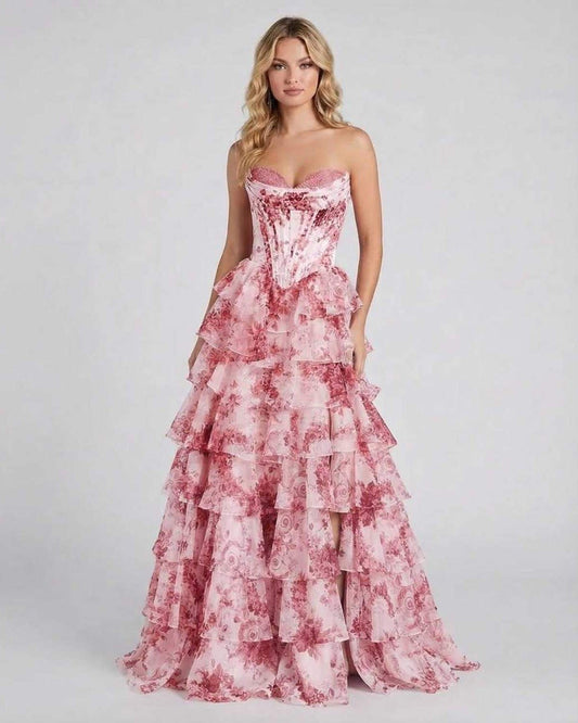 Marcelline Maxi Dress by Lauven - Strapless tiered chiffon gown with rose floral print and thigh-high slit.