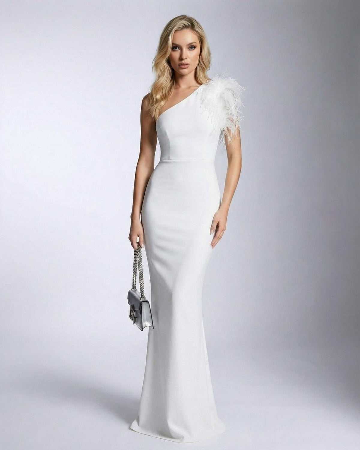 Alessia Maxi Dress by Lauven featuring one shoulder feather detail and mermaid silhouette in white.