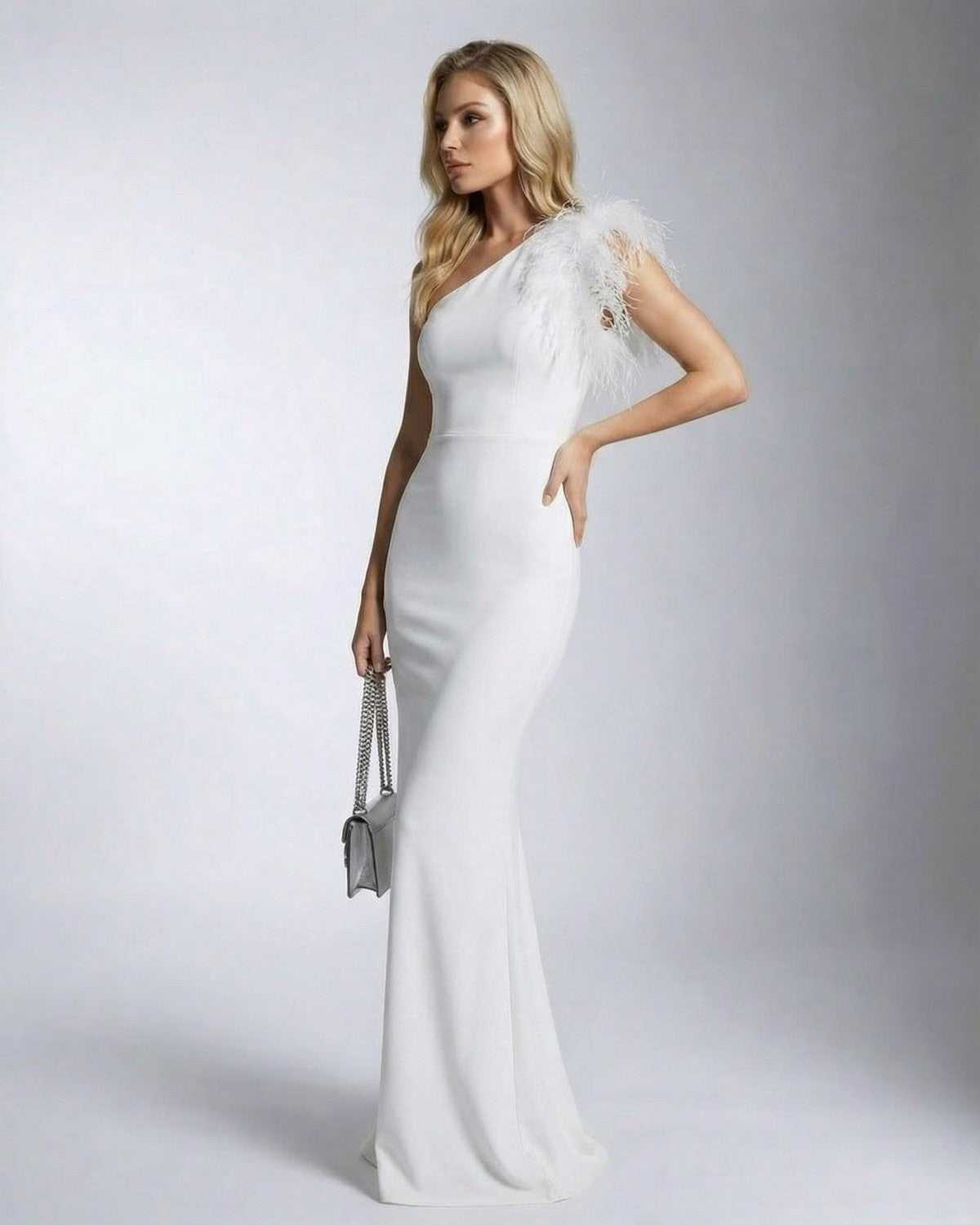 Alessia Maxi Dress by Lauven – Elegant one shoulder feather detail mermaid silhouette in white.