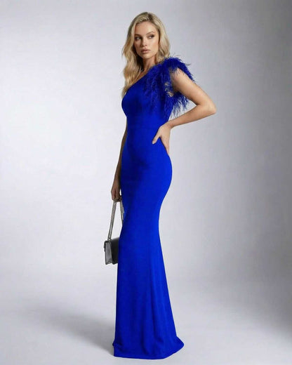 Azura Maxi Dress by Lauven - Elegant blue one shoulder mermaid dress with feather detail.