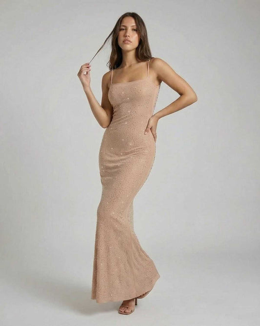 Celeste Maxi Dress by Lauven — Sequin bodycon design with spaghetti straps in a chic, elegant silhouette.