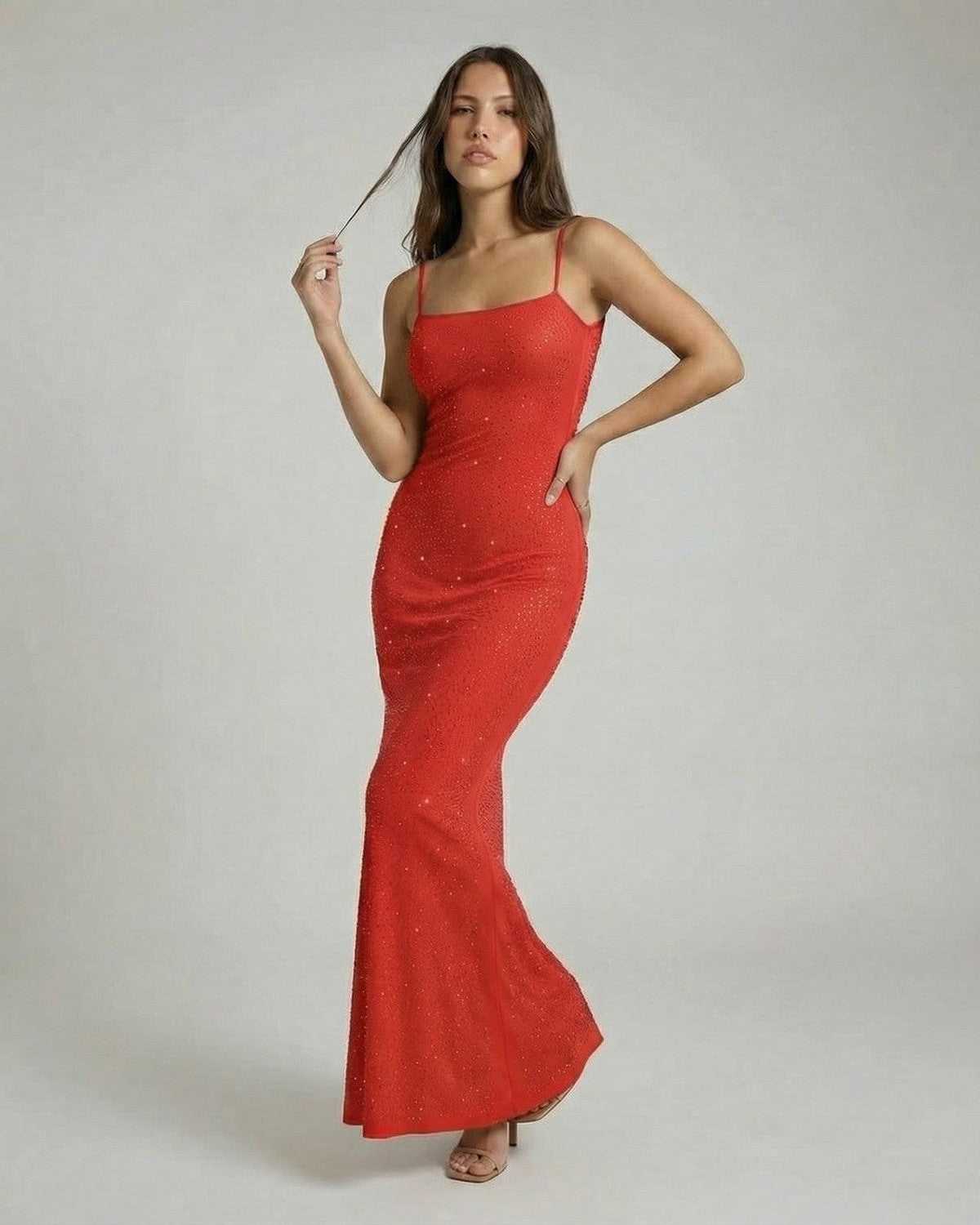 Scarlet Maxi Dress by Lauven - Sequin bodycon design with spaghetti straps in vibrant red for formal occasions.