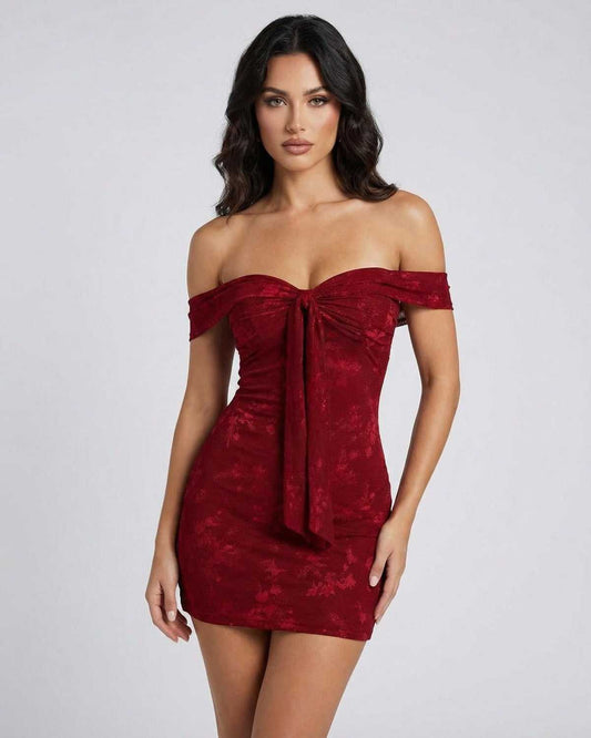 Verona Mini Dress by Lauven, off-the-shoulder jacquard sheath silhouette in rich red.