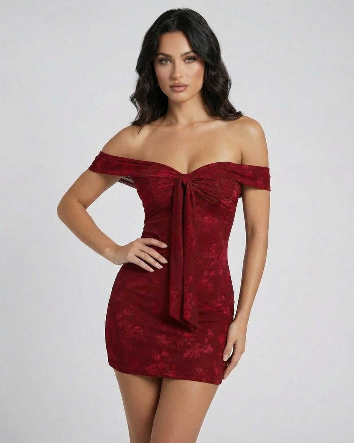 Verona Mini Dress by Lauven, featuring an elegant off-the-shoulder jacquard design in rich red tone.