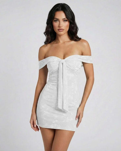 Luna Mini Dress by Lauven featuring an off-the-shoulder design in crisp white jacquard fabric, perfect for stylish occasions.