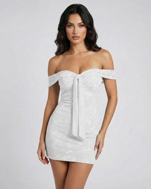 Luna Mini Dress by Lauven featuring an off-the-shoulder design in crisp white jacquard fabric, perfect for stylish occasions.