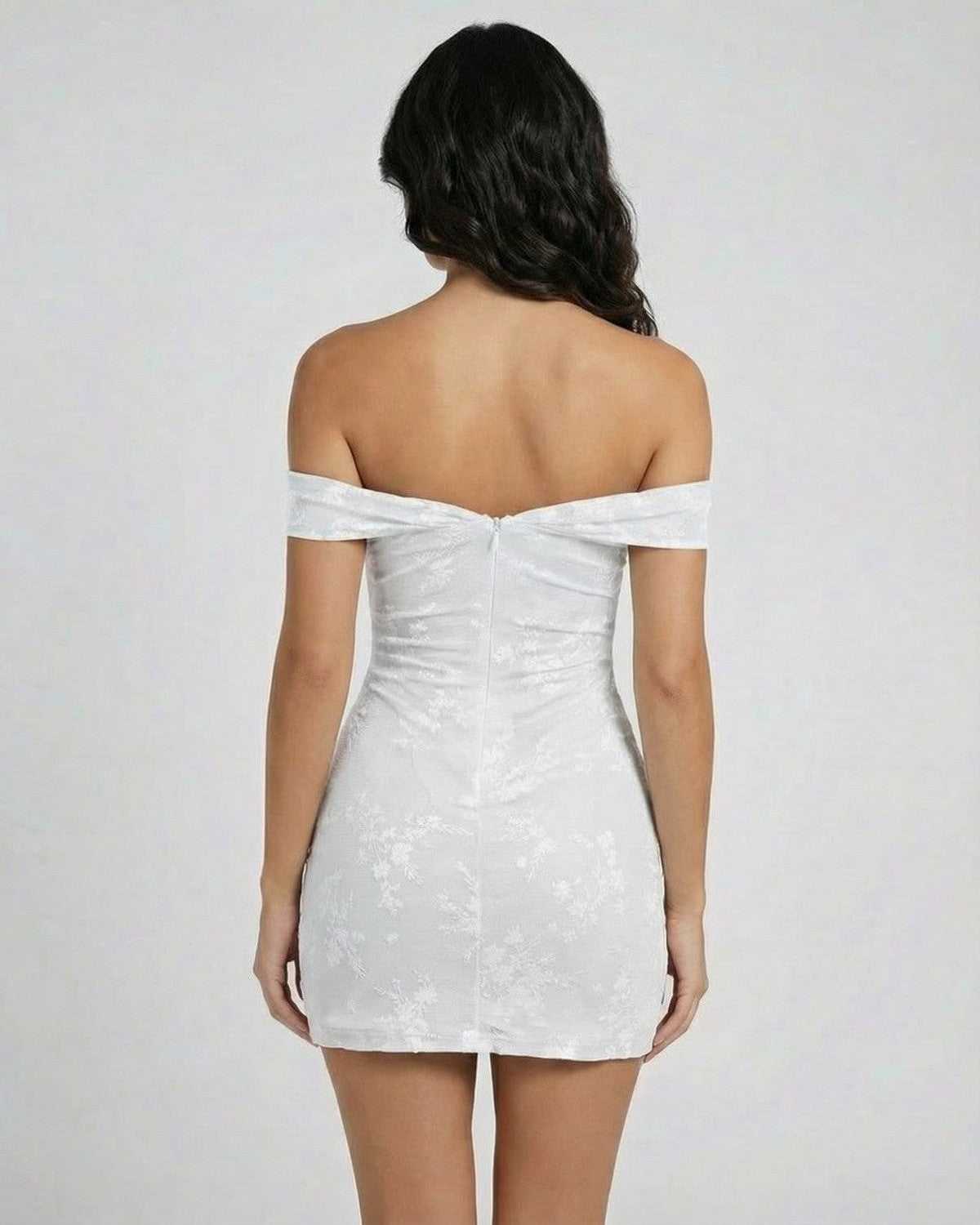 Back view of the Luna Mini Dress by Lauven, showcasing the off-the-shoulder design and elegant jacquard fabric.