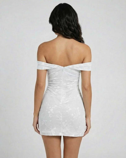 Back view of the Luna Mini Dress by Lauven, showcasing the off-the-shoulder design and elegant jacquard fabric.