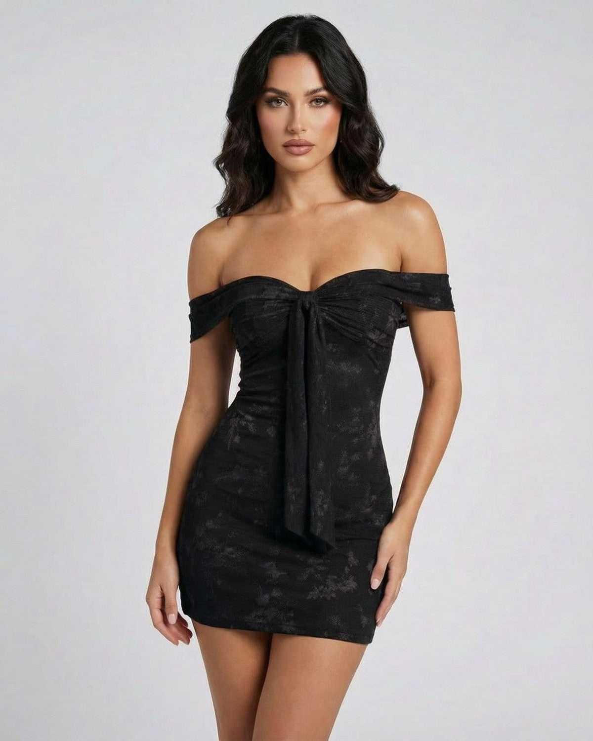 Noir Mini Dress by Lauven - Off-the-shoulder jacquard sheath silhouette in deep black fabric.