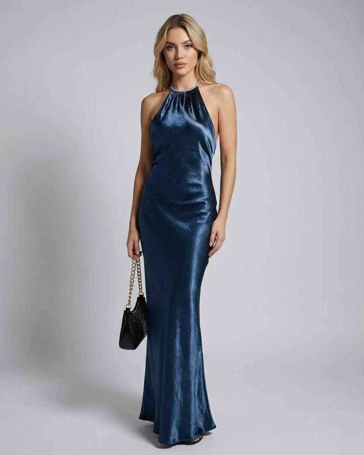 Monaco Maxi Dress by Lauven in deep blue satin with halter neckline for elegant evening occasions.