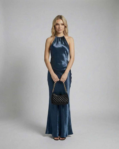 Lauven Monaco Maxi Dress - Satin Halter Maxi Dress in deep blue for elegant evening occasions.