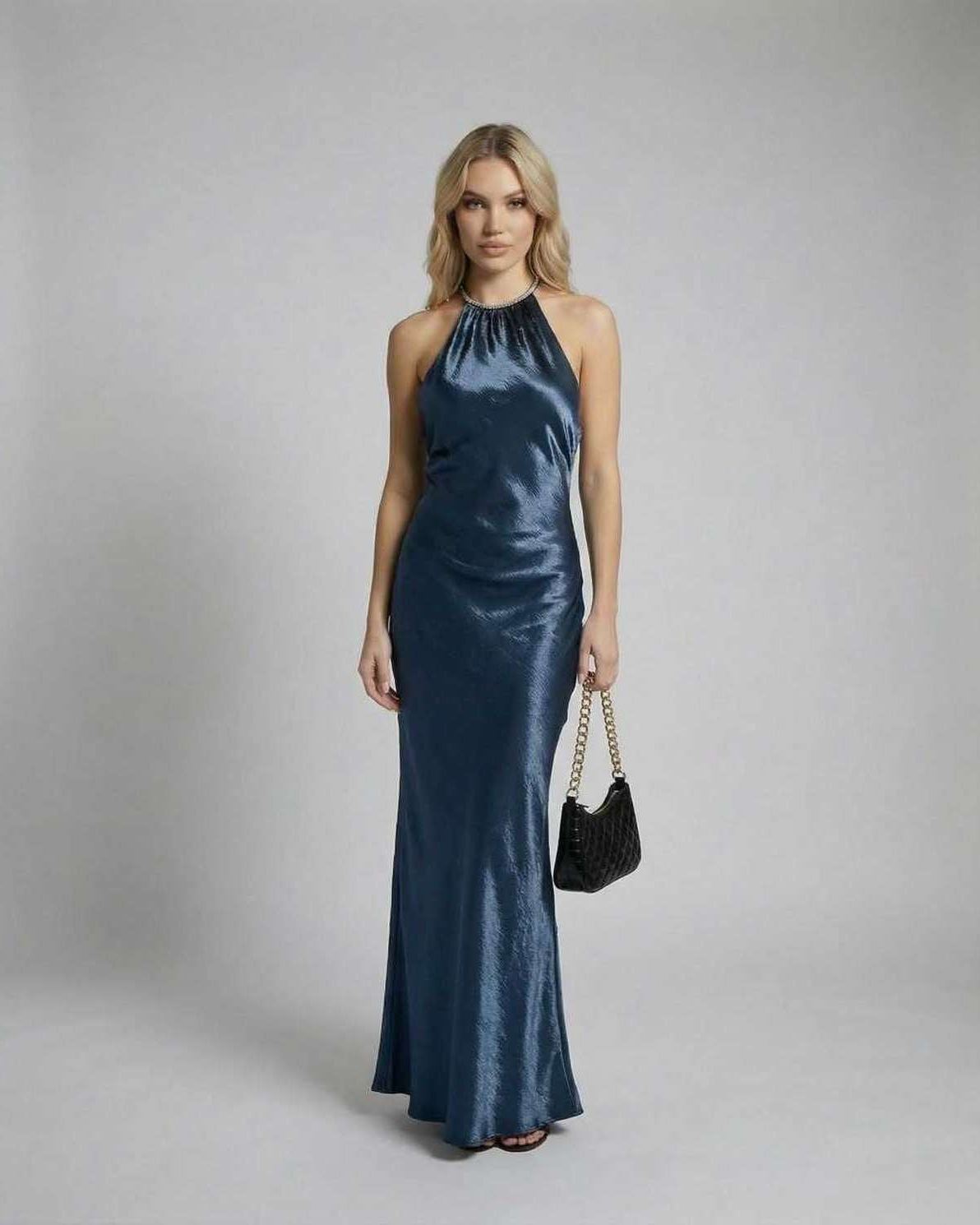 Monaco Maxi Dress by Lauven in deep blue, satin halter design for elegant evening wear.