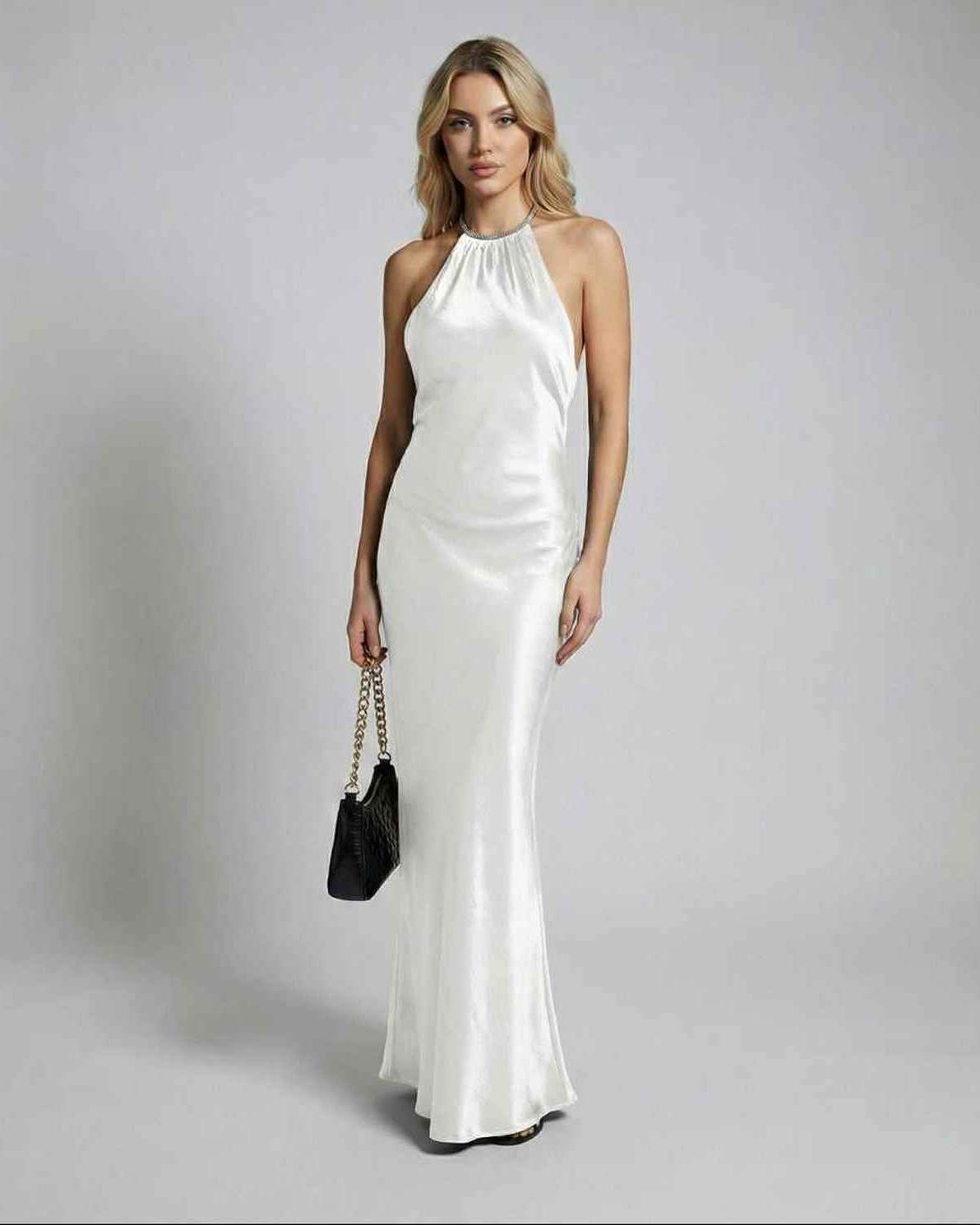 Bianca Maxi Dress by Lauven, elegant white satin halter maxi dress for formal occasions.