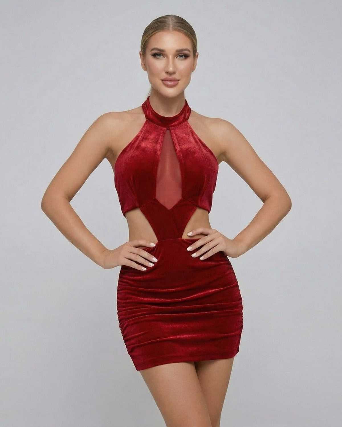 Valencia Mini Dress by Lauven - Red velvet bodycon mini dress featuring a sleeveless halter neck design.