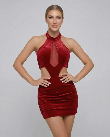 Valencia Mini Dress by Lauven - Red velvet bodycon mini dress featuring a sleeveless halter neck design.