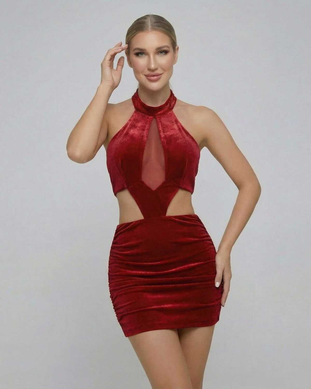 Valencia Mini Dress by Lauven - Red Velvet Bodycon Mini Dress featuring Sleeveless Halter Neck Design and Structured Silhouette.