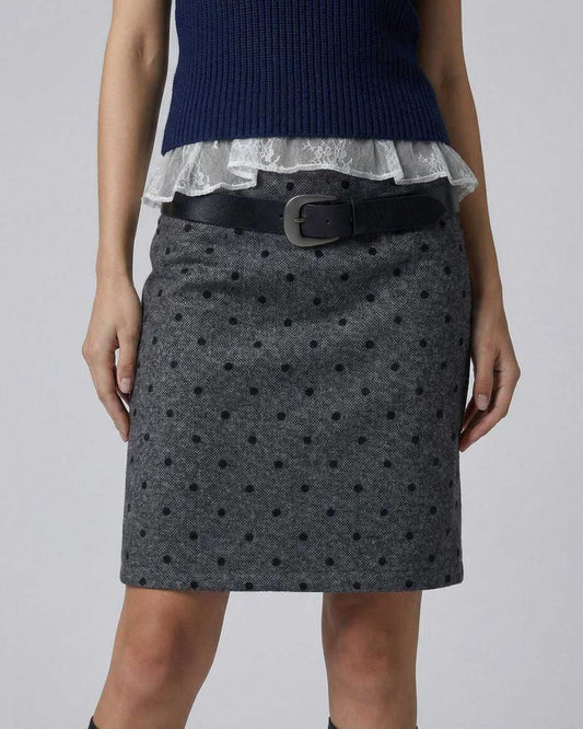 Lyra Mini Skirt by Lauven, featuring a polka dot pattern and a sleek bodycon fit, perfect for stylish everyday wear.