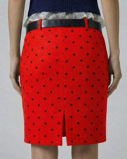 Scarlet Mini Skirt by Lauven showcasing a rear view of a red bodycon skirt with black polka dots and zip detail.