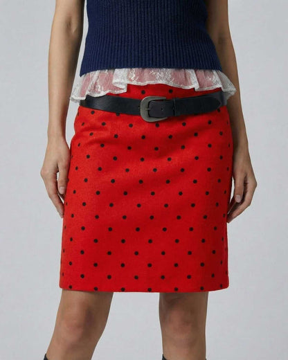 Scarlet Mini Skirt by Lauven featuring a polka dot pattern and a sleek silhouette.